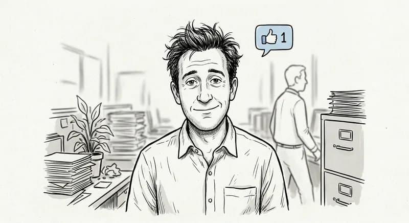 Marc, à son bureau, entouré de piles de dossiers